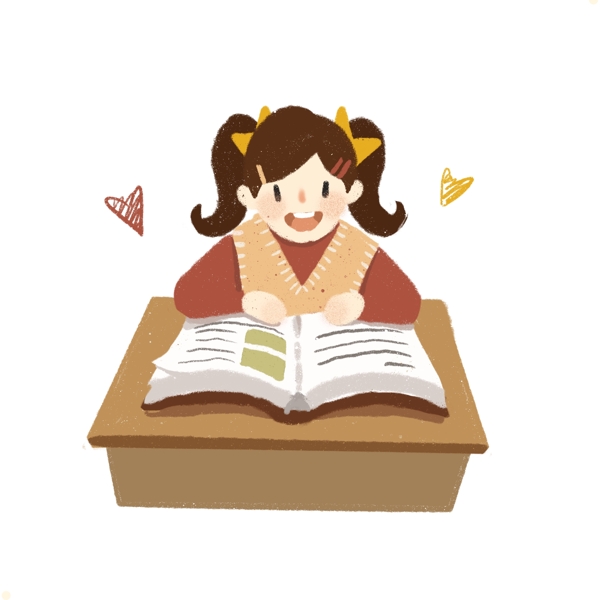 卡通手绘可爱双马尾女孩快乐休闲课桌读书看书场景
