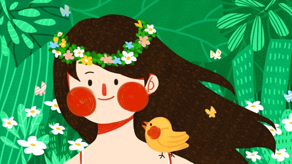 森林公主与小鸟治愈可爱简约扁平原创插画