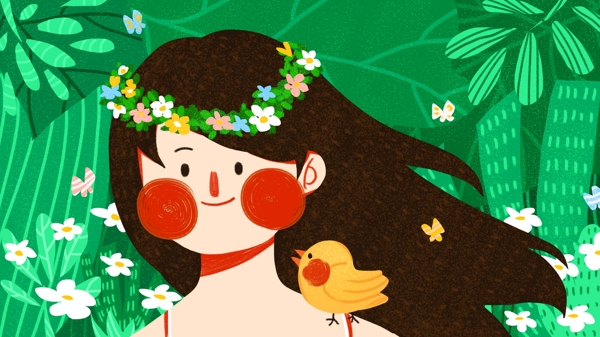 森林公主與小鳥治愈可愛簡(jiǎn)約扁平原創(chuàng)插畫