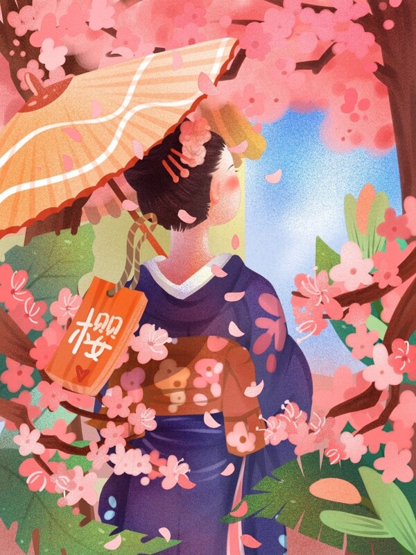 日本樱花节和服淑女撑伞赏樱花和风清新插画