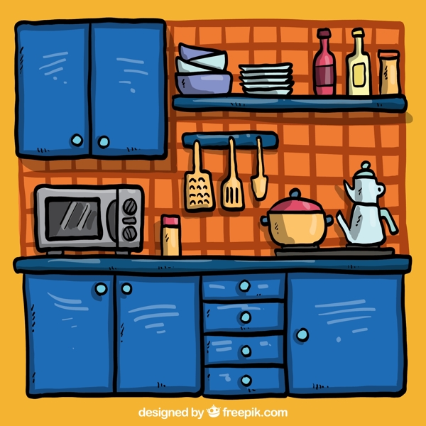 卡通蓝色厨房设计矢量素材