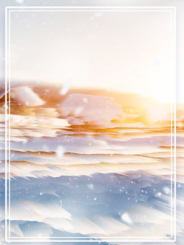 原创手绘梦幻夕阳白色下雪天雪景背景