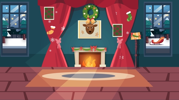 手绘圣诞节室内壁炉背景素材