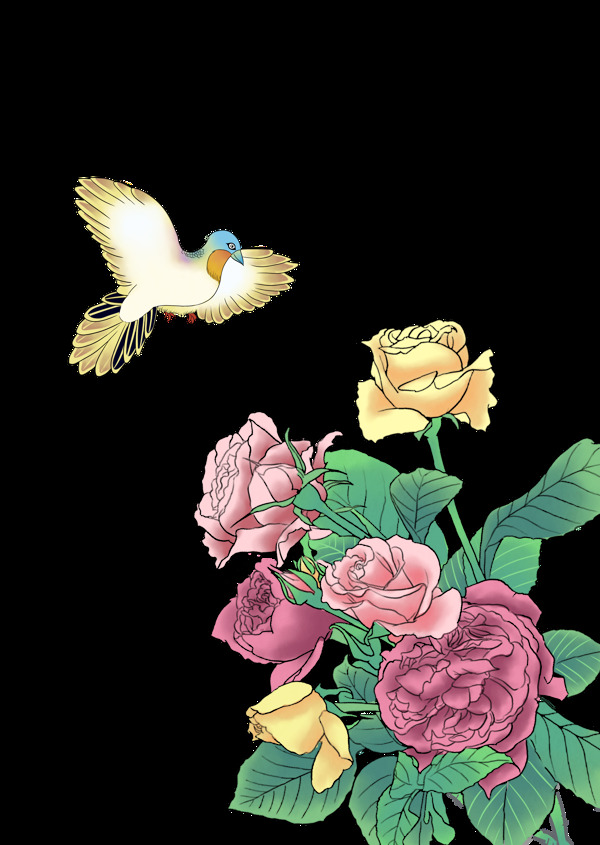 工笔画小鸟和鲜花