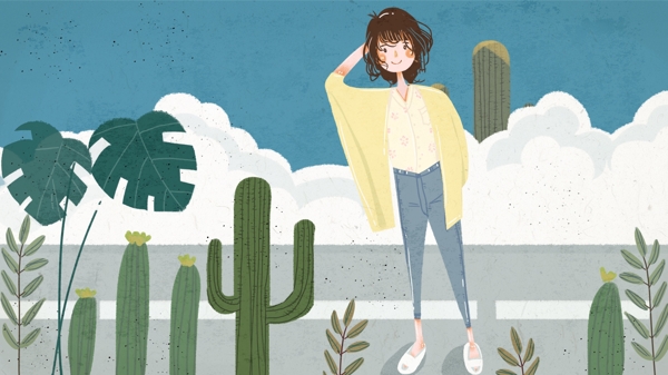 藍色早安女孩插畫
