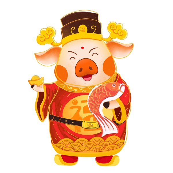 手绘卡通猪财神祝福新春佳节可商用元素