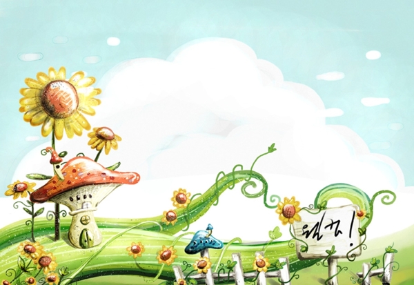 手绘卡通向日葵蘑菇风景插画图片