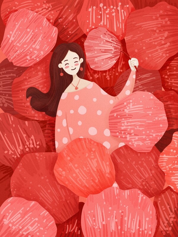 躺在花瓣中的女孩珊瑚红插画