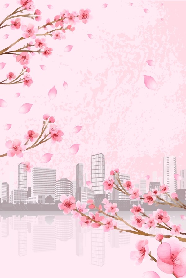 城市粉色樱花观赏海报背景
