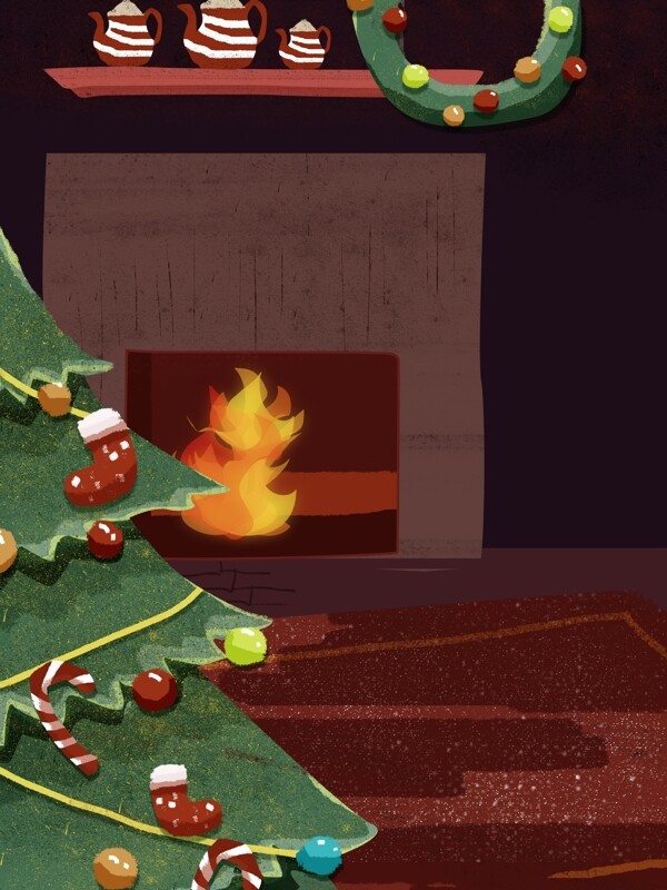 手绘圣诞树壁炉圣诞节背景素材