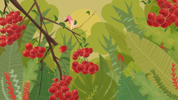 原创手绘插画植物系列红果子