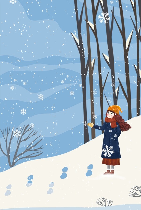 冬天看雪景森林女孩服装促销海报