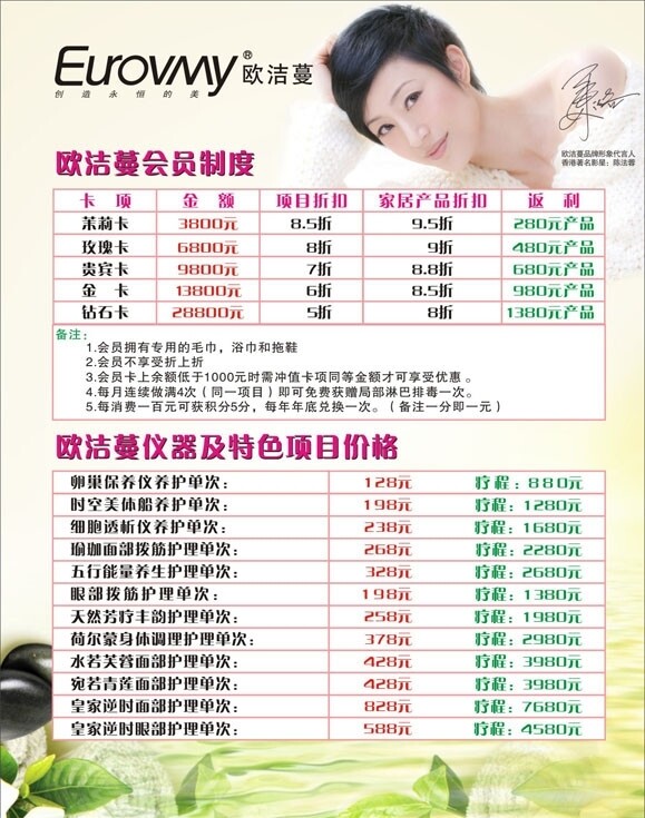 美容價(jià)格表