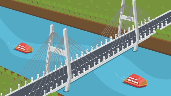 25D大桥斜拉索桥公路桥矢量插画