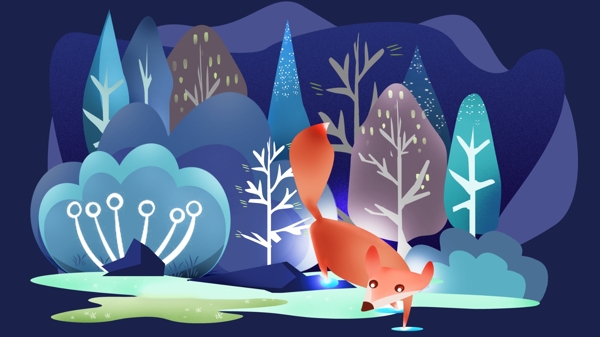 森林灵狐魔法树林动物幻想系列插画