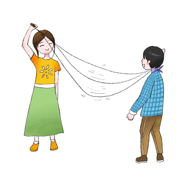 卡通手绘男孩和女孩开心玩跳绳