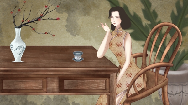 坐在木椅上穿旗袍的吸烟的女子背景