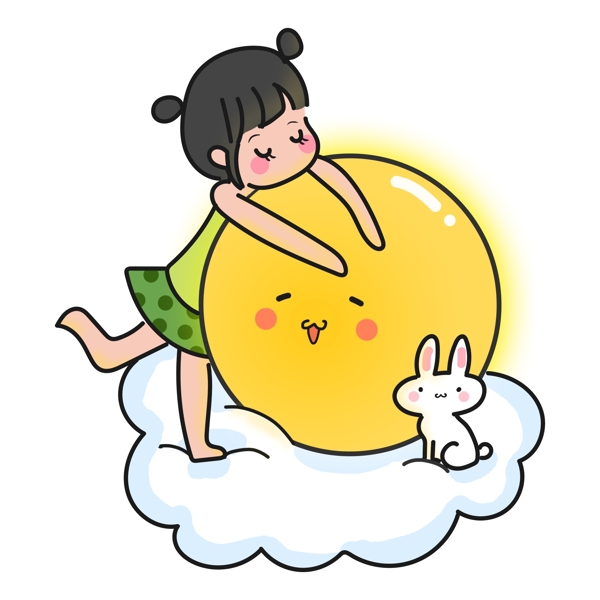 中秋节圆月赏月兔子白兔可爱卡通女孩手绘