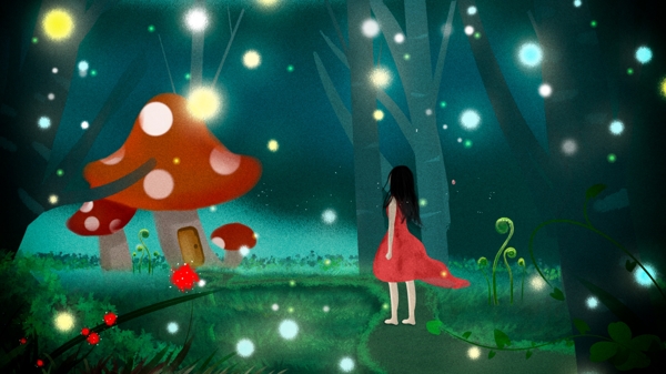 梦游仙境治愈风奇幻森林神奇蘑菇插画