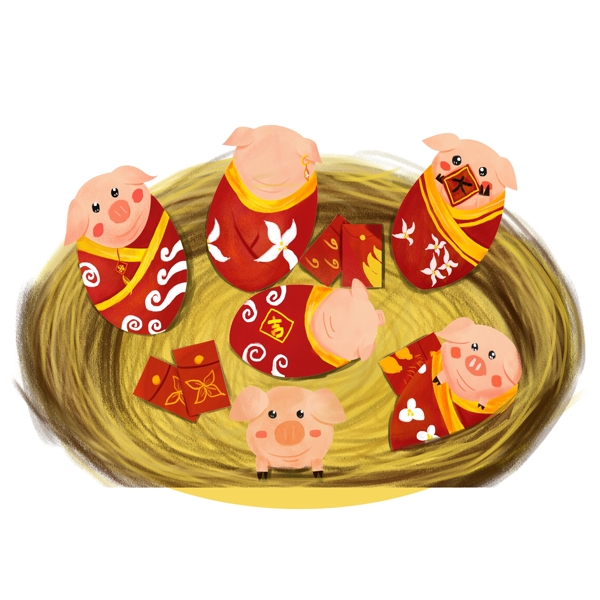 手绘卡通草窝里祝福新年的呆萌可爱猪宝宝