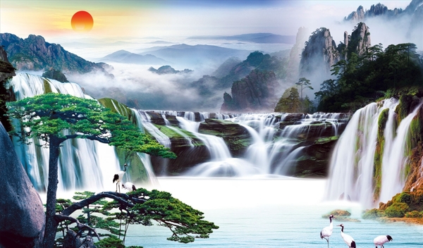 山水画瀑布松树鹤背景墙图片