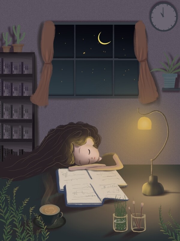 治愈系晚安世界复古文艺居家看书熟睡的女孩
