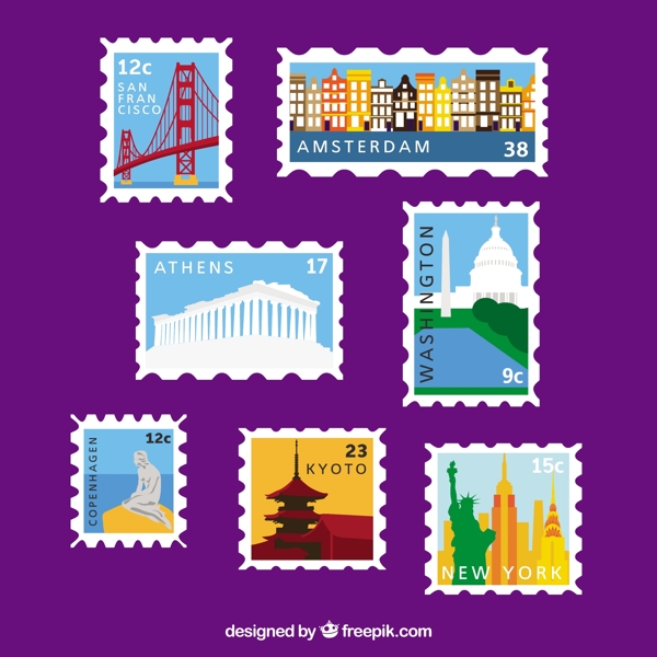 各种城市建筑邮票图标