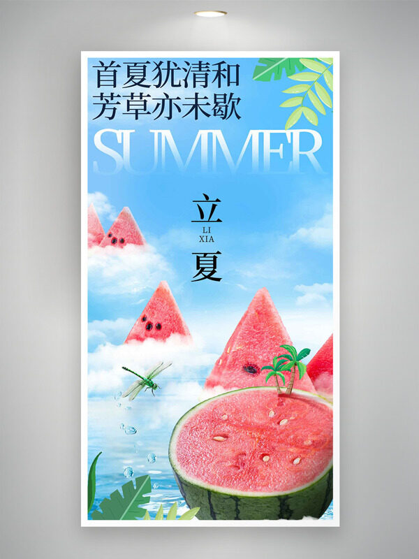 創(chuàng)意西瓜飛上云端插畫蜻蜓二十四節(jié)氣立夏海報