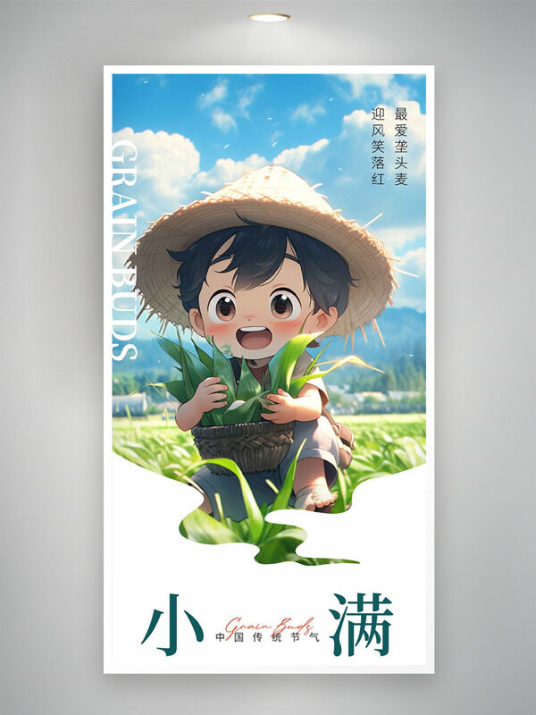 動(dòng)漫卡通男孩抱著竹筐大自然背景小滿節(jié)氣海報(bào)