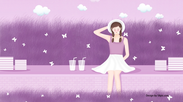 紫色小清新夏天女孩8月你好插画