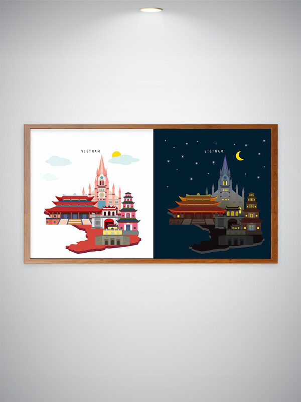 簡約卡通越南城市地標(biāo)建筑晝夜景色插畫