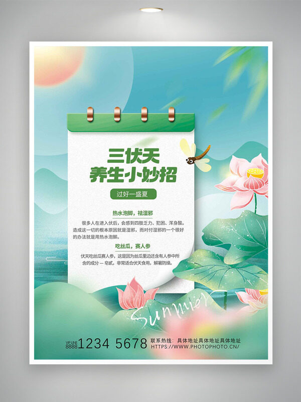 三伏天養(yǎng)生小妙招池塘遠(yuǎn)山背景海報(bào)