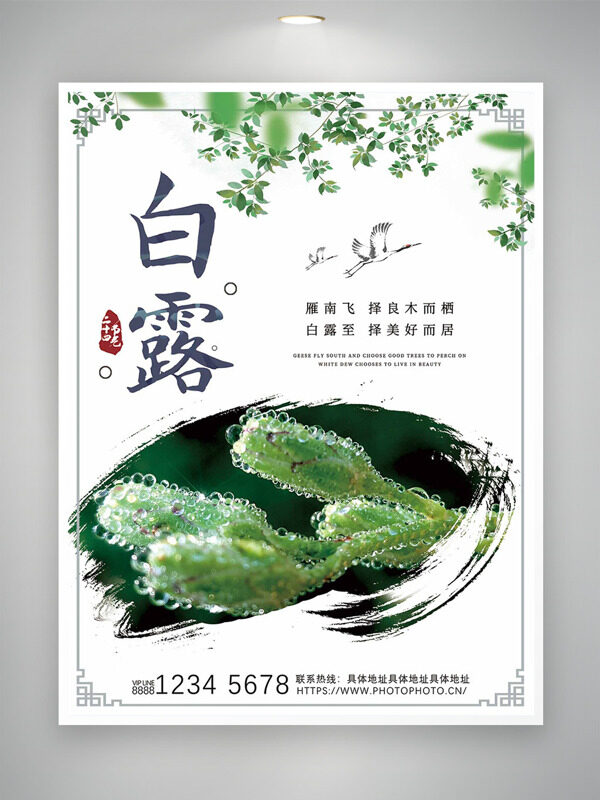 雁南飛白露至清新簡約綠植二十四節(jié)氣海報