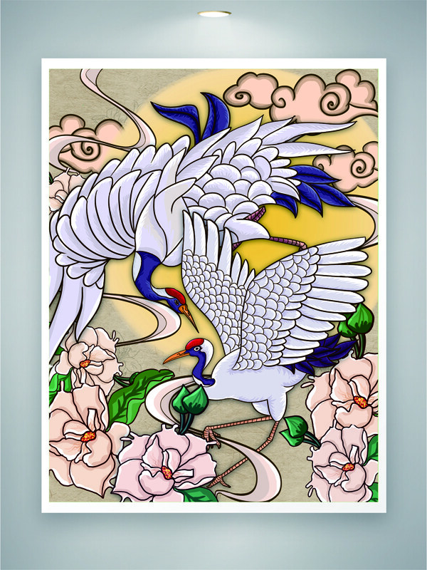 手繪花朵仙鶴高級感國潮中國風動漫插畫