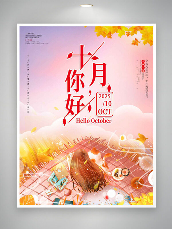 手繪卡通動(dòng)漫人物粉色主題你好十月海報(bào)