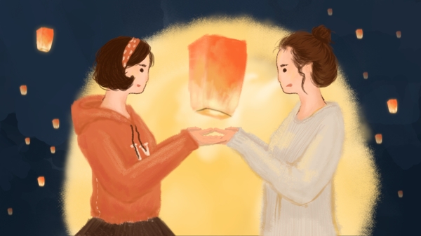 中元節(jié)孔明燈女孩插畫