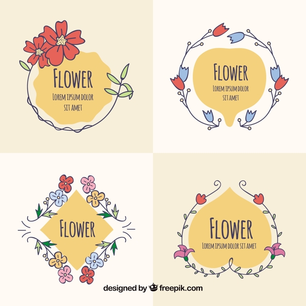 四个手绘花卉标签图标