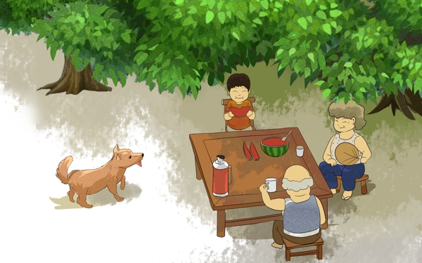 夏季聚会吃西瓜插画卡通背景