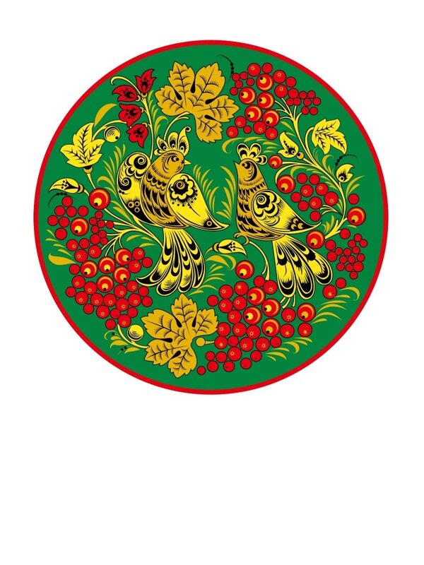 传统 欧式俄式 圆形花卉图案背景贴图 绿地双鸟红色果实