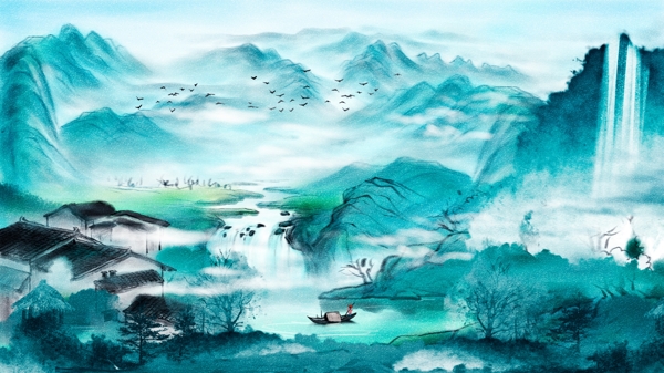 唯美中国复古水墨画风景画中国水彩画插画