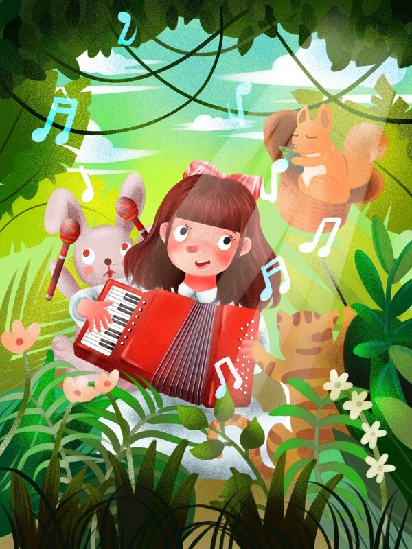 世界儿歌日森林拉手风琴唱歌的女孩清新插画