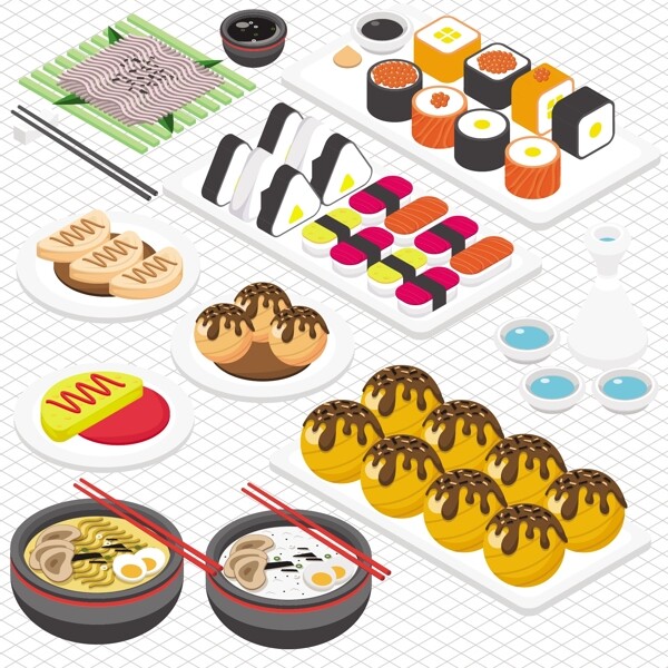 日本食物图形在等距三维图形中的图示