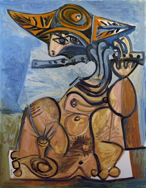 1971Lafl鏉steHommeassisjouantdelafl鏉西班牙画家巴勃罗毕加索抽象油画人物人体油画装饰画