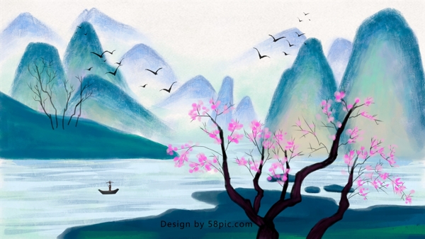 传统中国画水墨山水风景