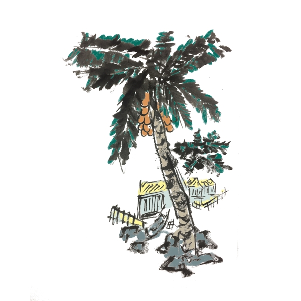 椰子树水墨风手绘插画