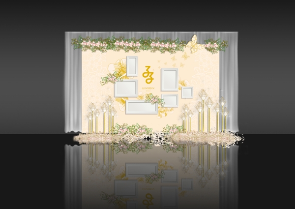 定制婚礼香槟色蝴蝶元素原创照片墙设计