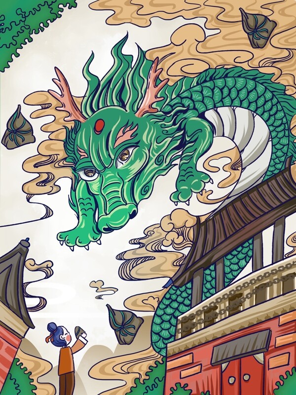 国潮中国风端午节龙粽子创意插画海报