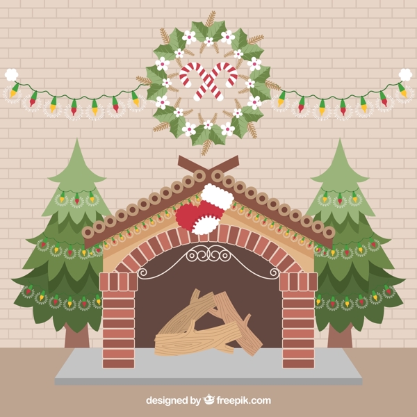 壁炉背景与精美的圣诞装饰