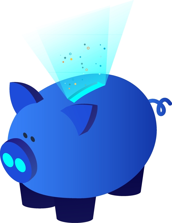 2.5D蓝色财富渐变光芒汇入小猪存钱罐