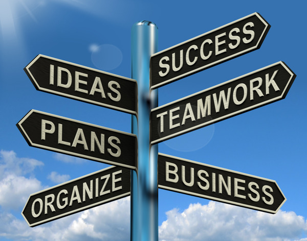 成功的团队计划路标显示思想的商业计划和组织